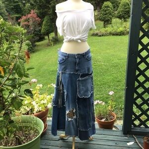 Boho up-cycled denim patch distressed jean maxi skirt / Lee 16 adjustabl…
